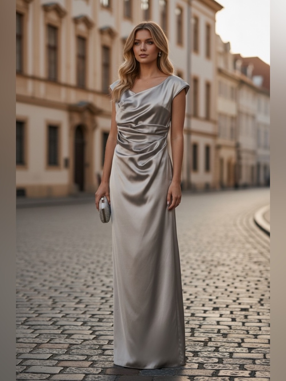Talbot Runhof Satin Ruched Gown In Gray Silver Size 12/42